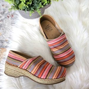 Dansko vegan multicolor rainbow striped canvas espadrille clogs